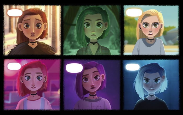 The six Elles share a shocked expression.